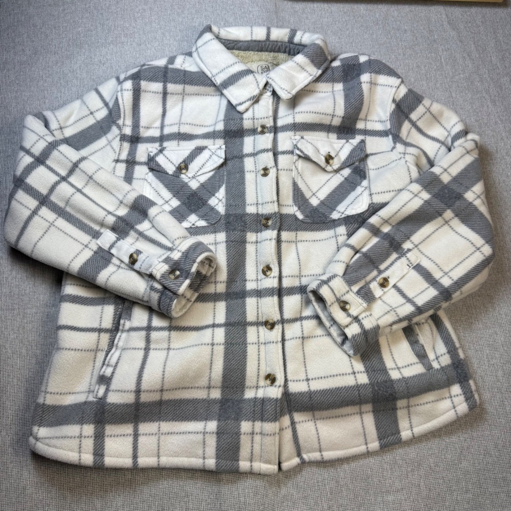 Sage Collective Womens XXL White Grey Plaid Sherpa Lined Fleece Shacket Jacket